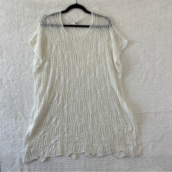 Short Sleeve Knit Poncho Shrug Sheer Patterned Longline Cream Crotchet - Picture 1 of 10